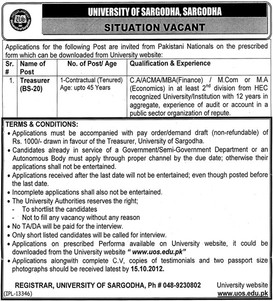 University of Sargodha Requires Treasurer (Government Job)