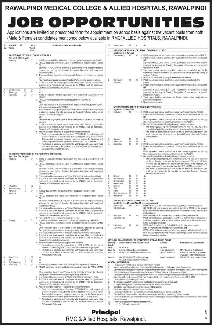 Rawalpindi Medical College & Allied Hospitals Requires Teaching Faculty (Government Job)