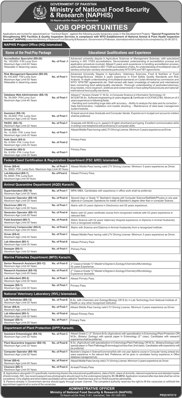 Jobs in Ministry of National Food Security & Research (NAPHIS)