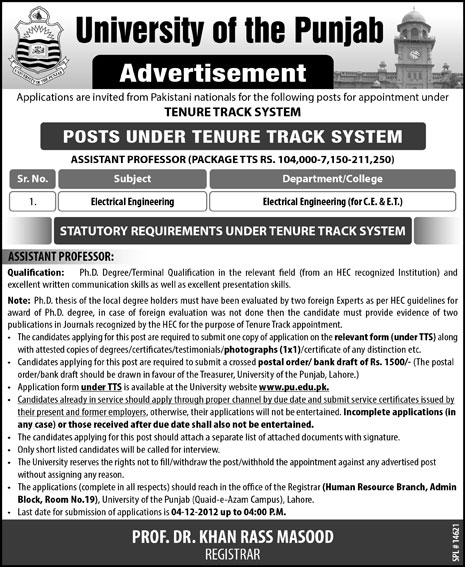 Punjab University (PU) Job for Assistant Professor