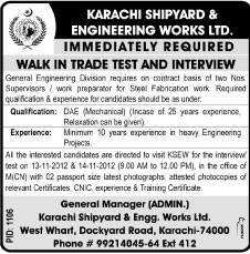 Karachi Shipyard & Engineering Works (KSEW) Requires Steel Fabrication Supervisors
