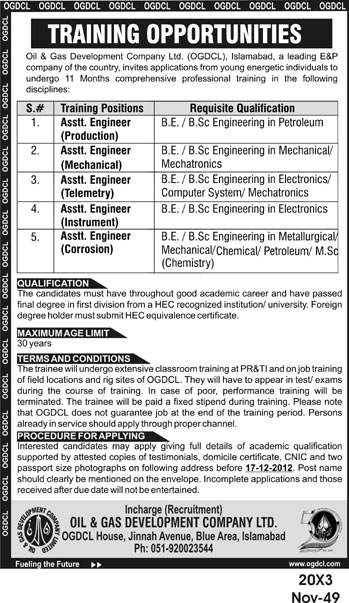OGDCL Training Jobs for Assistant Engineers
