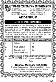 Addendum: Trading Corporation of Pakistan TCP Jobs 2012 November