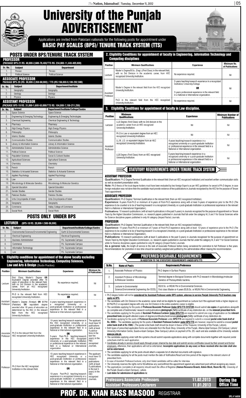 Punjab University Jobs Lahore 2012 for Faculty (Professors / Lecturers)