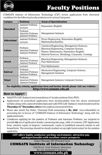 COMSATS Institute of Information Technology Jobs 2012 for Faculty
