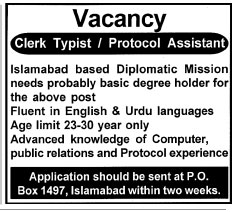 The High Commission of Sri Lanka in Pakistan (PO Box 1497 Islamabad) Requires Clerk Typist / Protocol Assistant