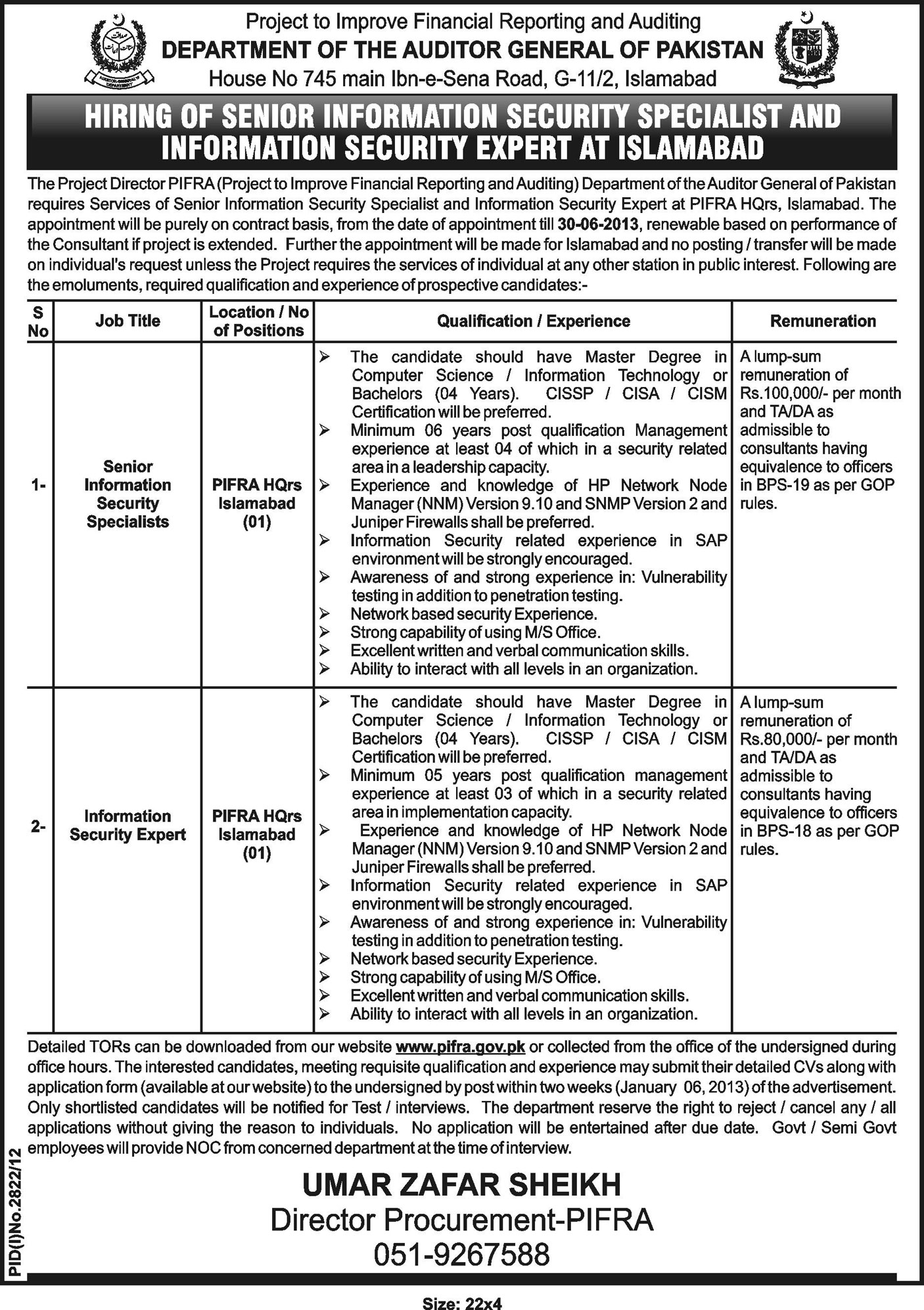 PIFRA Project of Department of Auditor General of Pakistan Needs Information Security Specialist & Expert