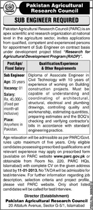 Sub Engineer Civil Vacancy at PARC - Pakistan Agricultural Research Council