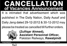 Pakistan Railway Rawalpindi Division Jobs December 2012 Have Been Cancelled