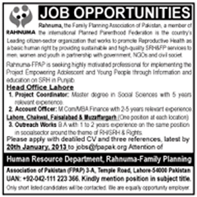 Rahnuma Family Planning Association of Pakistan (FPAP) Jobs 2013
