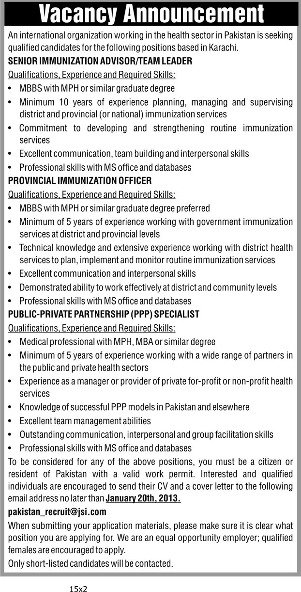 JSI Jobs in Pakistan 2013 for Medical Staff & Public-Private Partnership Specialist