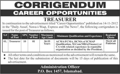 Correction in the Advertisement of PO Box 1457 Islamabad Government Regulatory Authority Jobs