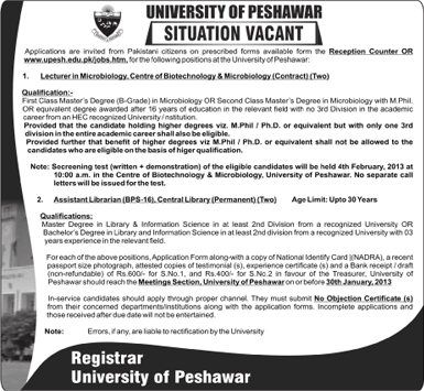 University of Peshawar Jobs 2013 Lecturers & Assistant Librarians