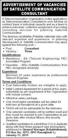 PO Box 1073 GPO Rawalpindi Jobs 2013 for Satellite Communication Consultants