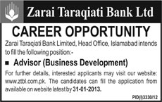 Zarai Taraqiati Bank Limited Islamabad Vacancy for Advisor (Business Development)