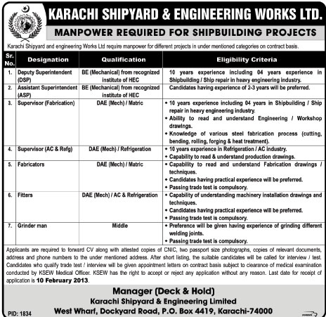 Karachi Shipyard & Engineering Works Ltd. Jobs 2013 for Shipbuilding Projects