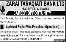 Assistant Senior Vice President Operations Vacancy at ZTBL Islamabad 2013