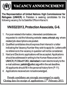 UNHCR Pakistan Job in Karachi 2013 for Protection Associate