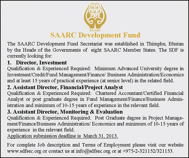 SAARC Development Fund Secretariat Jobs 2013 in Bhutan for Directors