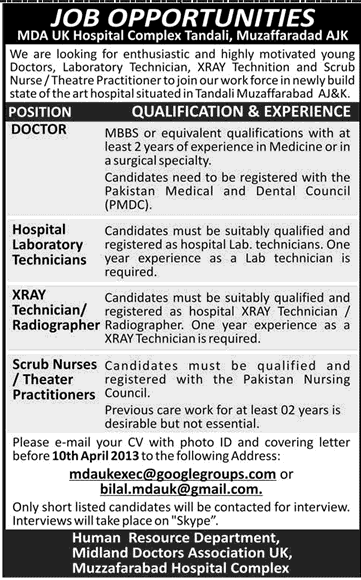 Jobs in Muzaffarabad AJK for Doctors, Laboratory/X-Ray Technicians & Nurses at MDA UK Hospital Complex
