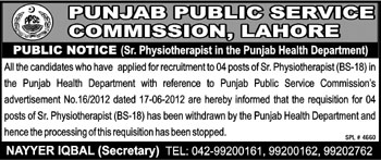 PPSC Notice for Withdrawal of Senior Physiotherapist Posts in Punjab Health Department 2013