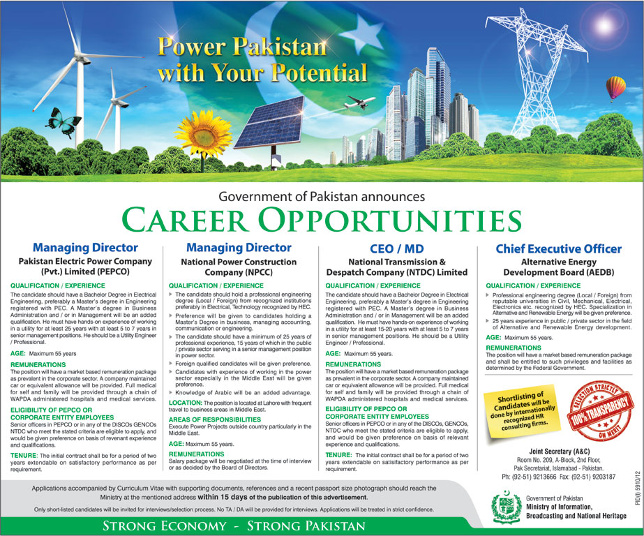 Managing Director (PEPCO & NPCC) and CEO (NTDC & AEDB) Vacancies 2013 June by Government of Pakistan