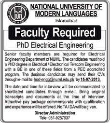 NUML University Islamabad Jobs 2013 July Faculty of Electrical / Electronics / Telecom Engineering