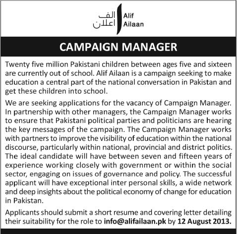 Alif Ailaan Pakistan Jobs 2013 August for Campaign Manager