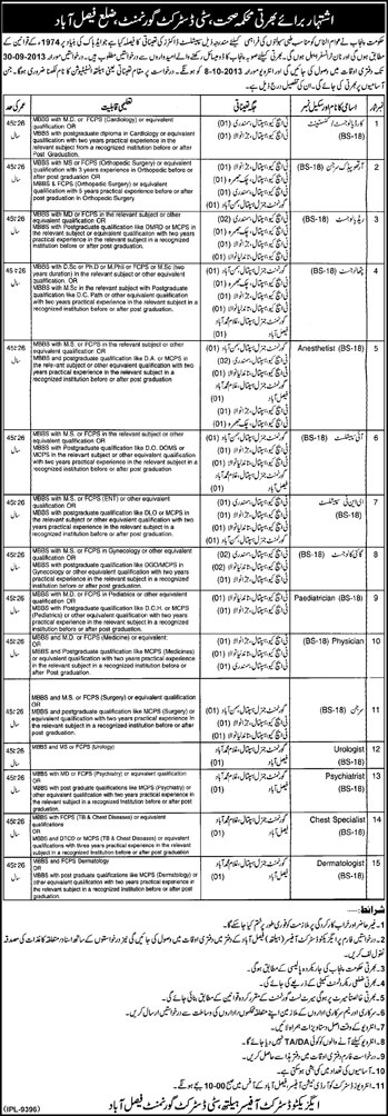 District Health Department Faisalabad Jobs 2013 September for Medical Doctors / Consultants / Specialists