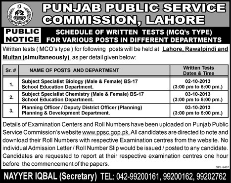 PPSC Written Examination / Test Schedule 2013 September for the Post of Subject Specialists & Planning Officer