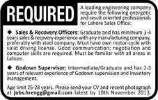 Jobs in Lahore for Sales & Recovery Officers and Godown Supervisor 2013 October