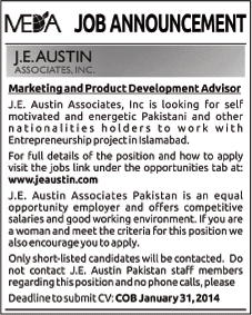 MEDA - J. E. Austin Associates. Inc. Jobs in Islamabad 2014 for Marketing & Product Development Advisor