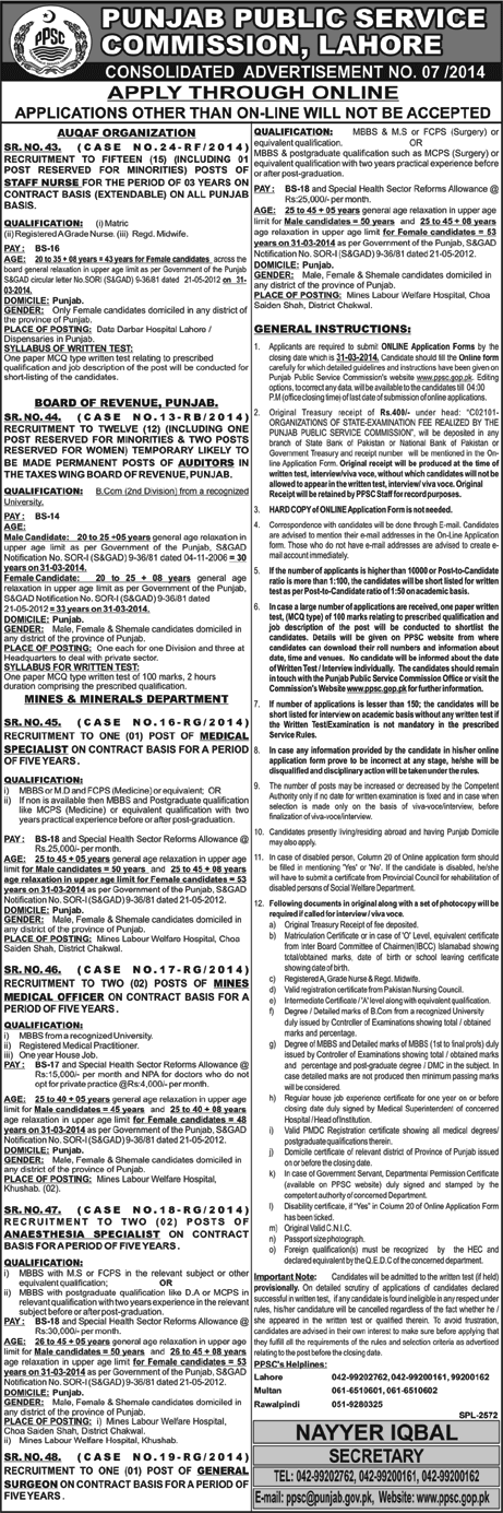 Punjab Public Service Commission Jobs March 2014 Ad No 07/2014