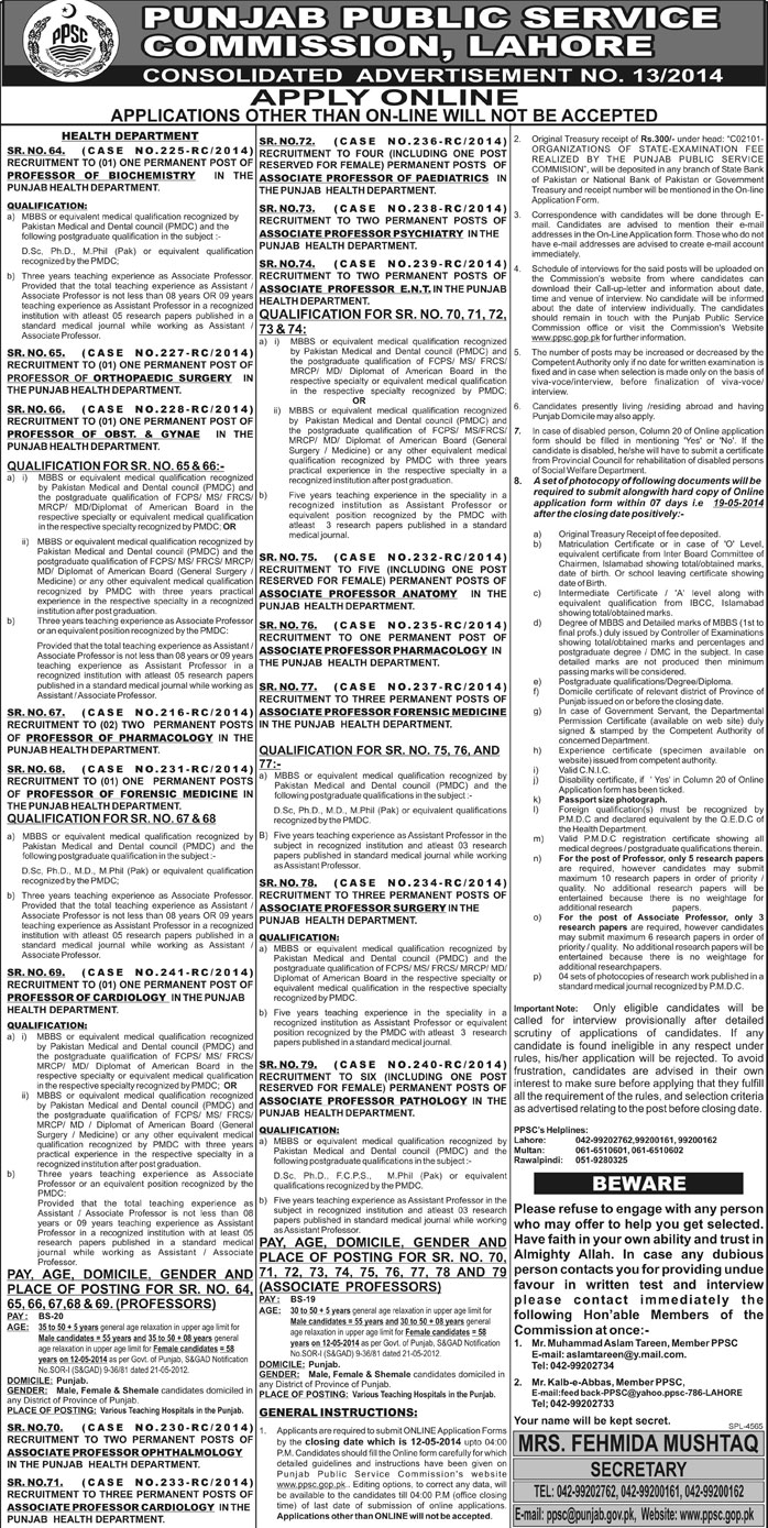 PPSC Jobs April 2014 for Medical Faculty in Punjab Health Department Ad No 13/2014
