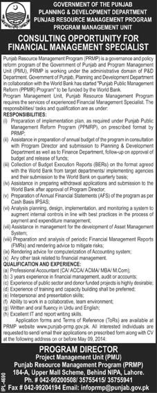 Financial Management Specialist Jobs in Lahore 2014 PRMP, P & D Department, Punjab