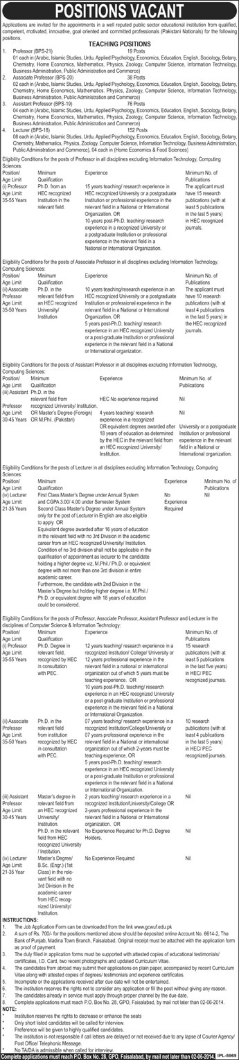GCWUF Jobs 2014 May for Teaching Faculty at Government College Women University