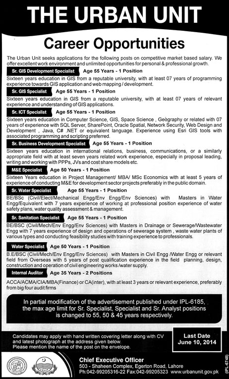 Urban Unit Jobs 2014 May for Specialists & Internal Auditor