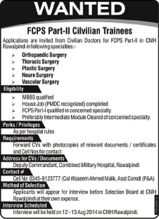 CMH Rawalpindi Jobs 2014 August for FCPS Part-II Trainees
