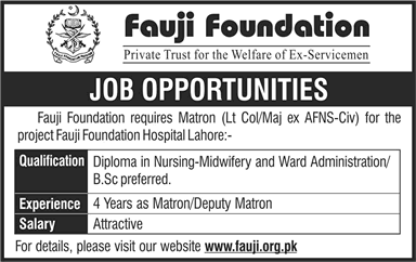 Fauji Foundation Hospital Lahore Jobs 2014 August for Matron