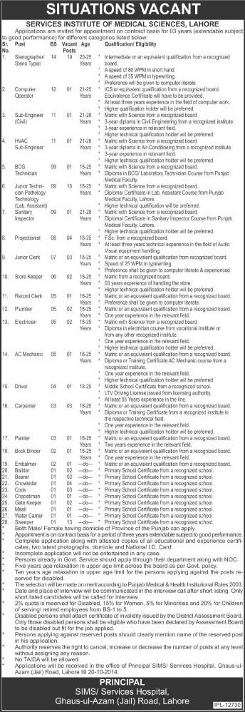 Latest Jobs in Services Institute of Medical Sciences Lahore 2014 October Hospital
