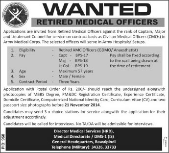 Retired AMC Officer Jobs in Pakistan Army Medical Corps 2014 October as Civilian Medical Officers