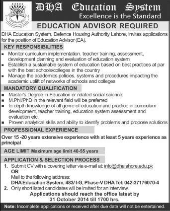 DHA Education System Lahore Jobs 2014 October for Education Advisor
