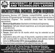 Architecture Engineer Jobs in Lahore 2014 October for ESUPAK of UET Latest