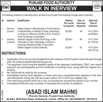 Internees Jobs in Punjab Food Authority Lahore 2014 October / November Walk in Interviews
