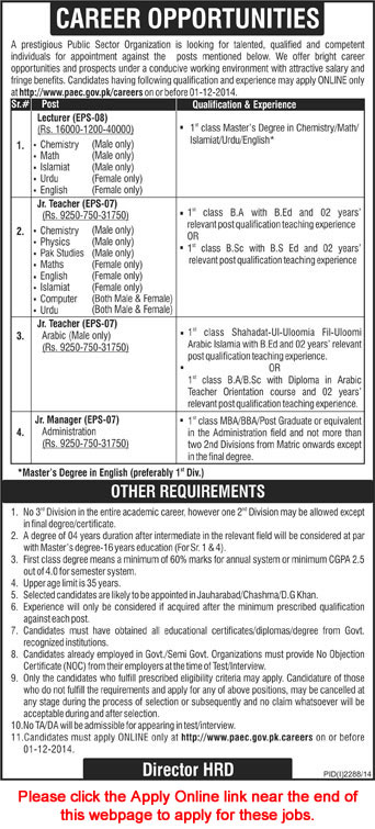 PAEC Jobs November 2014 Apply Online Lecturers & Junior Teachers / Managers