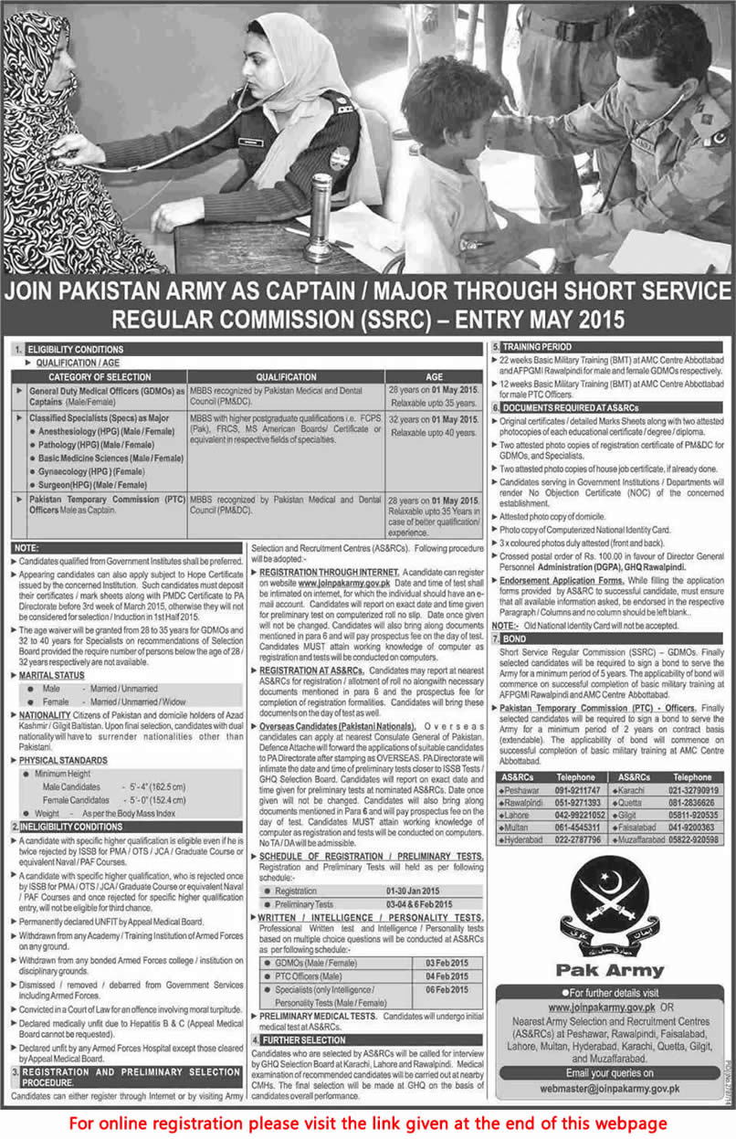 Join Pak Army as Captain / Major for Medical Doctors (GDMO & Specialists) Entry May 2015