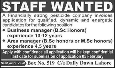 Pesticide Company Jobs in Pakistan 2015 Latest for Business Manager & Area Manager