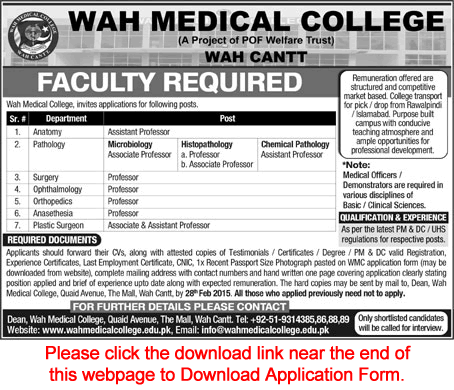 Wah Medical College Wah Cantt Jobs 2015 February Medical Faculty Application Form Download
