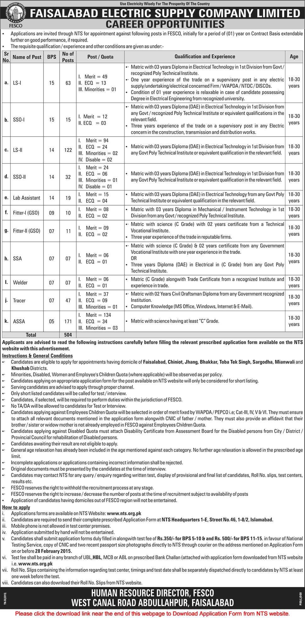 FESCO Jobs 2015 February WAPDA Faisalabad NTS Application Form for LS, SSO, ASSA, Tracer & Others