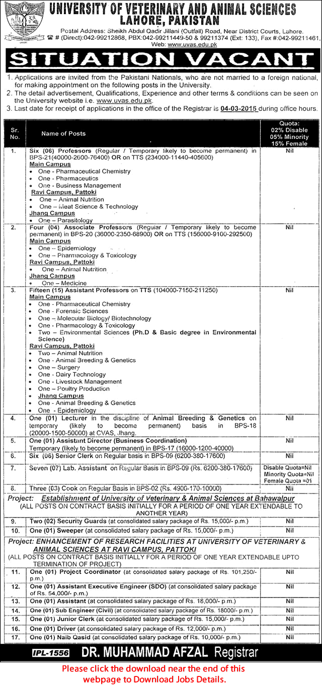 University of Veterinary and Animal Sciences Lahore Jobs 2015 February UVAS Application Form